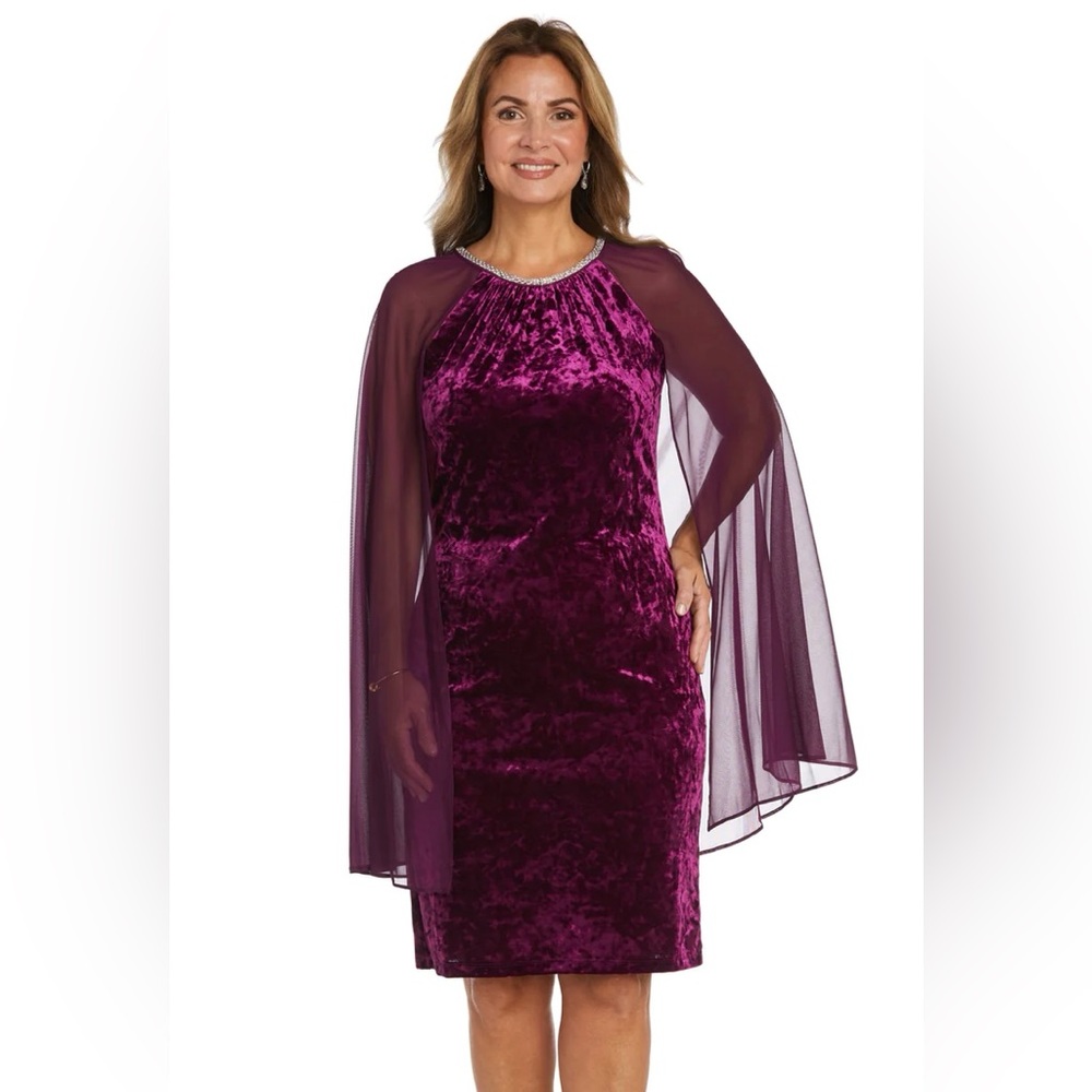 Short Dress With Rhinestone Neck and Chiffon Cape - Size 8 (New)